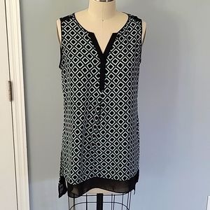 Green, White & Black Sleeveless Top, Size XS, Geometric Diamond Design
